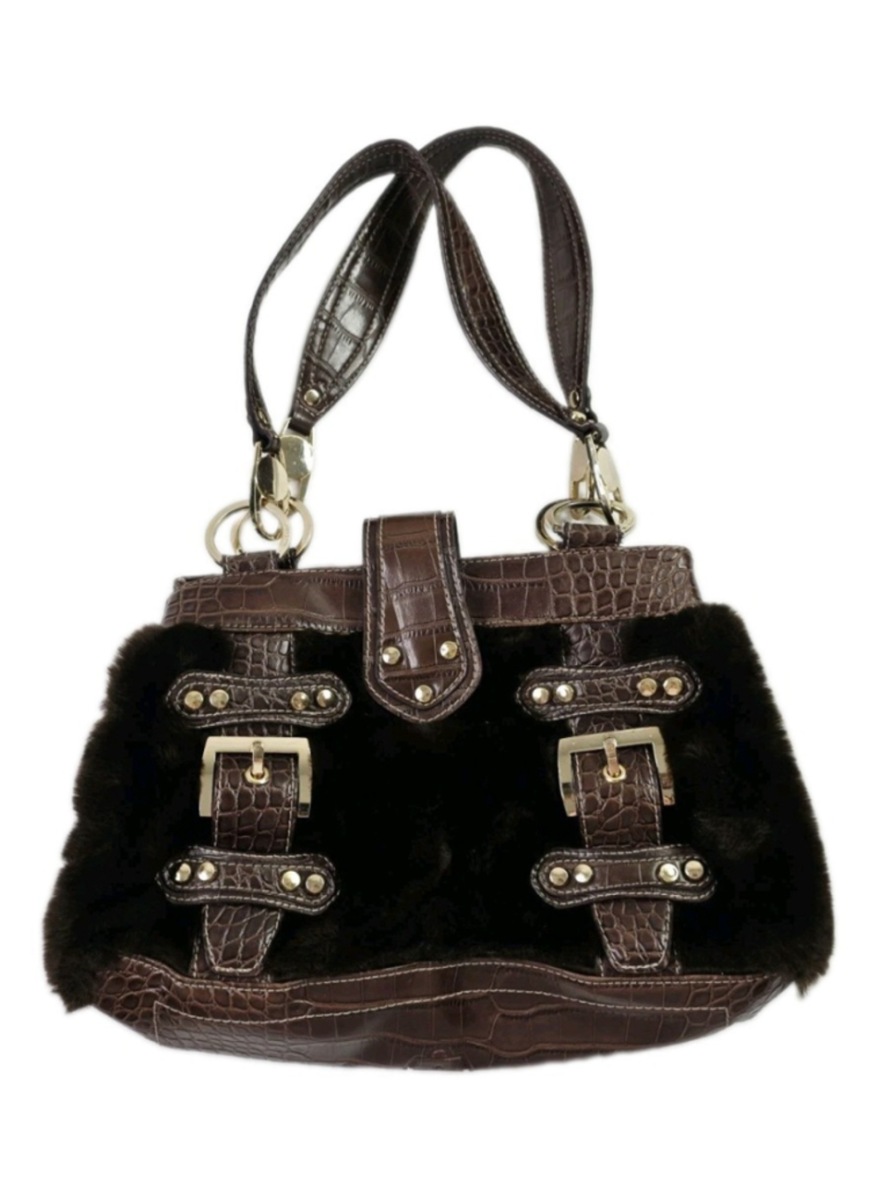 Y2K Kathy Van Zeeland Vegan Faux Fur Shoulder Bag Brown Double Side
